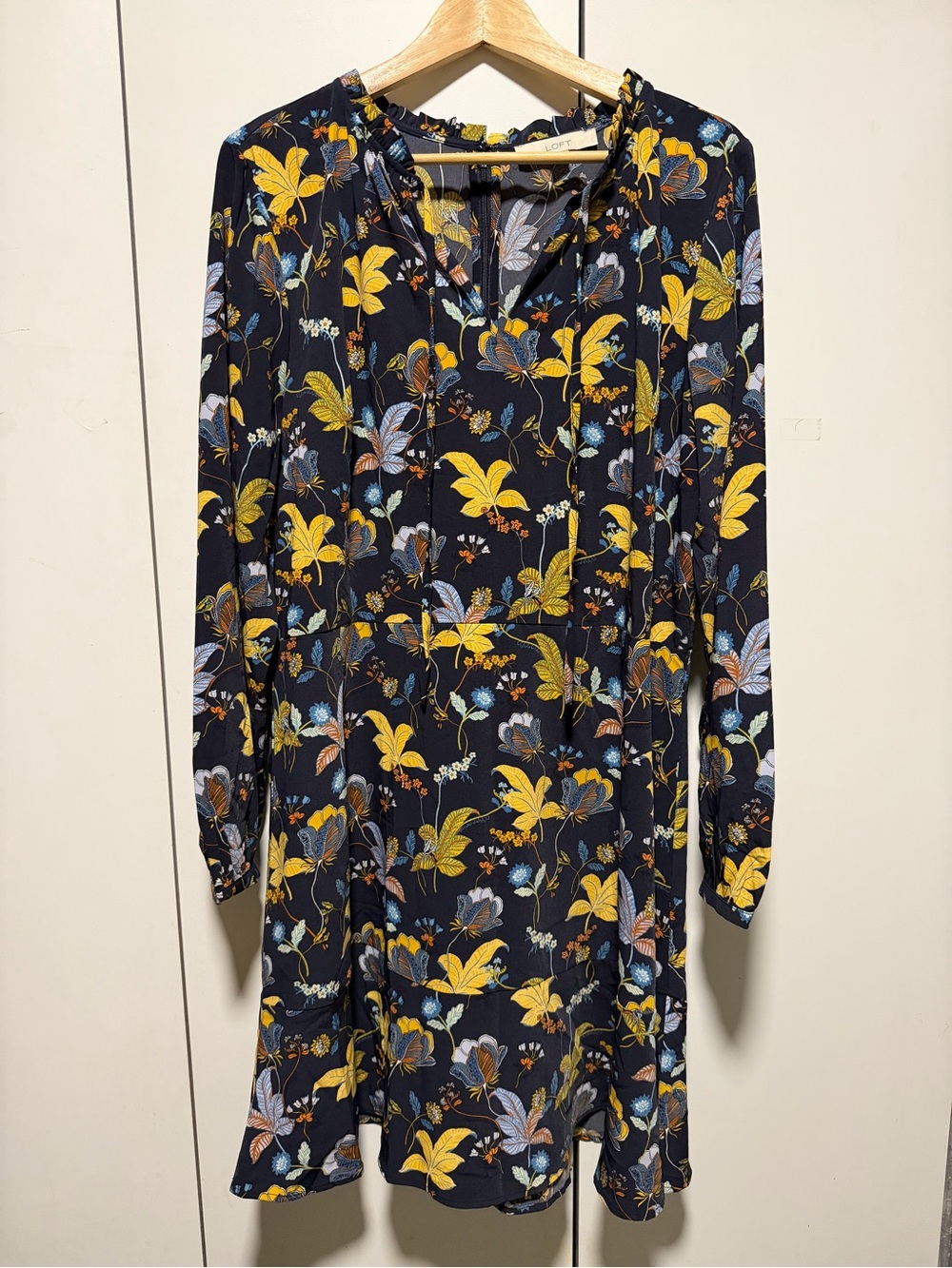 LOFT Navy Long-Sleeve Floral Dress with Yellow and Light Blue Blossoms